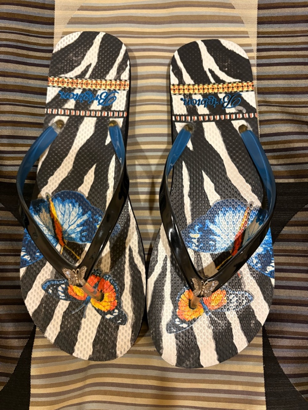 Brighton Flip Flops Black White Zebra Colorful Butterflies Silver Gem